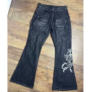 Y2K Embroidered Western Jeans Biker Babe Western Alt Mid Rise Size S 30 Inseam